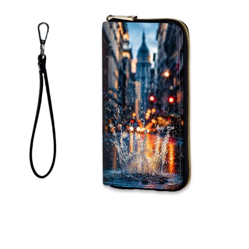 BFUKVOU RFID Blocking Women's Wristlet Purse - Detachable Wrist Strap, Compact Foldable Design with 12 Card Slots & Zip Pocket Wallet for Travel,Gym,City Street with Water Splash