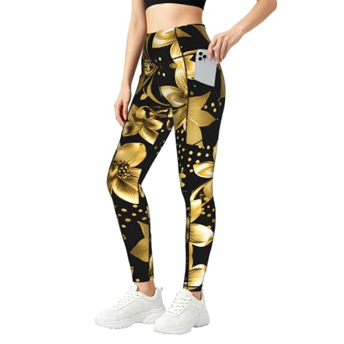Ropa de gimnasio para mujer con leggings de fitness impresos en negro y oro