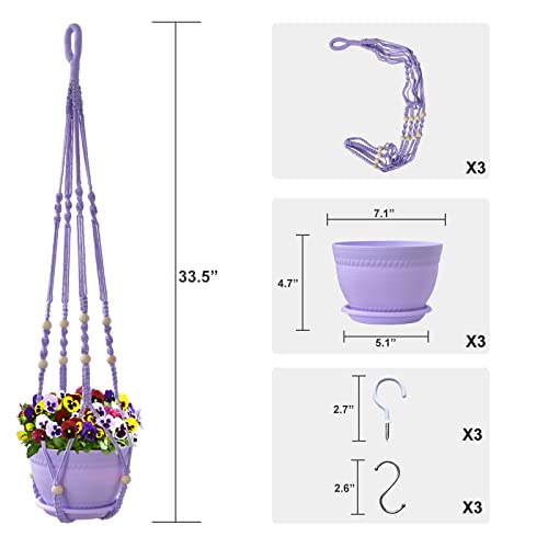 Checrxy Macrame Plant Hanger With Pot, 3 Set Hanging Planters For Indoor Plants, Handmade Cotton Rope Boho Home Decor, Idea Gift For Anyone, Includes Plant Holders, Pots, Plates And Hooks (Purple) #TOP1