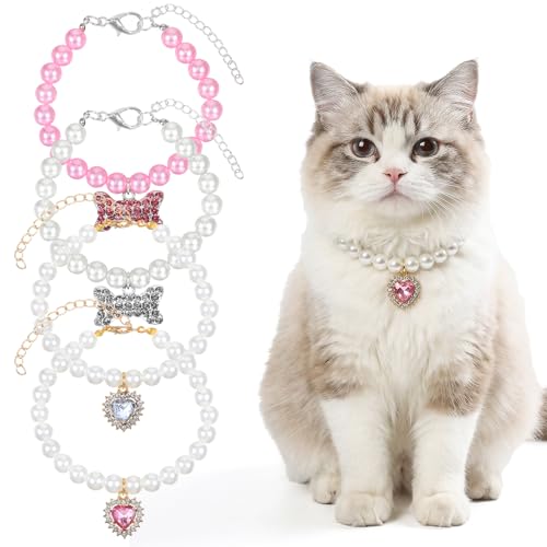 GEEHUA 4pcs Cat Dog Pearl Collar, Rhinestone Cat Dog Collars with Heart Bone Charms Adjustable Pet Necklace Jewelry for Small Cats Dogs Wedding Party Pet Collars for Puppy Kitten(Pink+White)
