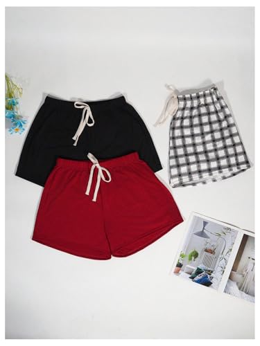 Image of WDIRARA Women's 3 Pack Plaid Letter Graphic Pajama Shorts Lounge Shorts | Elastic Waist ,Comfortable,Home Living,Sleepwear