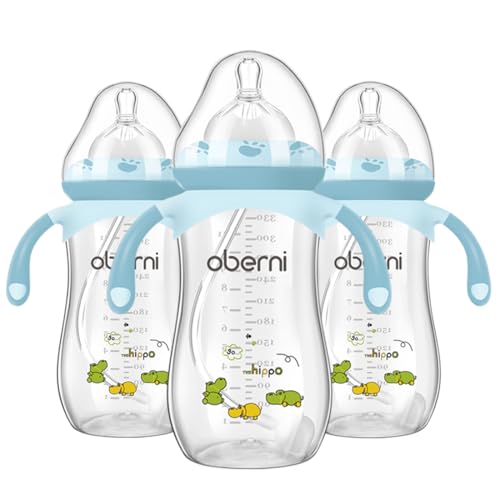Oberni - Oberni Baby Bottle 330ml, 11oz Weighted Straw Toddler Milk Feeding Bottle with Size “+” Variable Flow Teat for 12m+, Blue/ 3 Pack