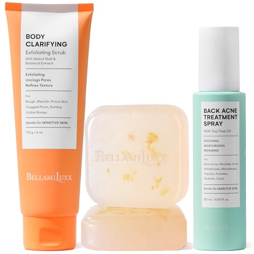 Image of BellamiLuxx 3-Step Back & Body Acne Treatment Set - Body Acne Soap Bar, Exfoliating Scrub & Bacne Spray - For Body Bumps, Congestion & Breakouts - For Back, Chest, Shoulders