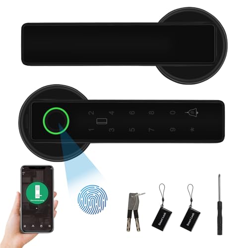 ConBlom Smart Lock, Fingerprint Smart Handle, 5-in-1 Electronic Digital Touch Lock, Left-Right Adjustable for Front Door, Home, Office, Apartment (Black)