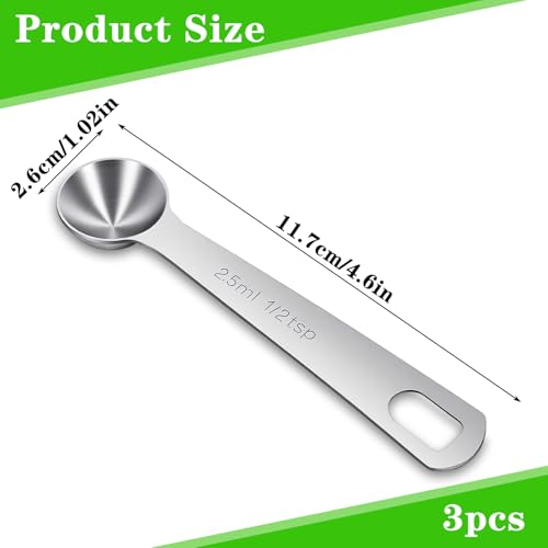 3 Pcs 1/2 TSP (1/6 tbsp, 2.5 ml) Measuring Spoons, Teaspoons Measuring Spoon Stainless Steel Tablespoon Metal Measure Scoop for Kitchen Cooking