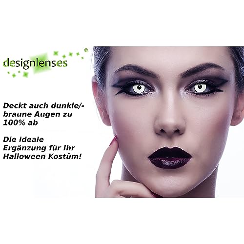 DESIGNLENSES, farbige Tageslinsen Kontaktlinsen mit schwarzem Ring, weiß, ohne Sehstärke für Halloween Kostüm als Zombie, Untoter, Karneval & Cosplay - 2 Stück (1 Paar) weisse Augenlinsen