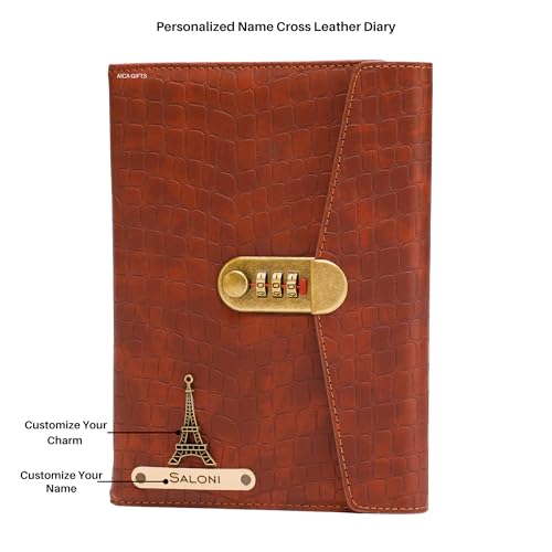Image of AICA Personalized Name & Charm Leather Lock (Tan Brown) Diary � A5 Size 230 Pages with Combination Lock for Men & Women | Customized Planner Diary Office Birthday Gift Items for Women Girl