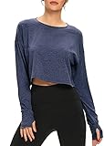 YUWZZ Long Sleeve Crop Top Workout Tops for Women Thumb Hole Tops Navy S