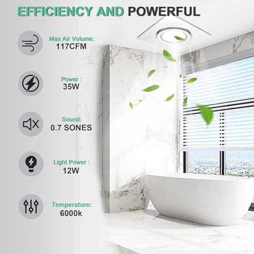 POWERENG Bathroom Exhaust Ventilation with Light,164 CFM 0.7Sones Quiet Ceiling Mount Ventilation Fan,6000K 12W LED,White,110V Vent Fan Ceiling (6000K LED Light) by POWERENG - Used condition - Image 2