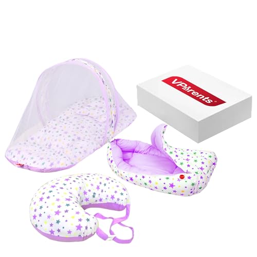 Image of VParents Joy Purple Cotton Combo: Nursing Support, Mosquito Net Attached Bed and Carrying Nest