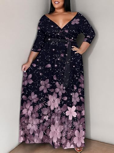 Image of PinkPatty Women's Plus Size Maxi Dress Print 3 /4 Sleeves V Neck Party Sundress Wedding Guest Dresses