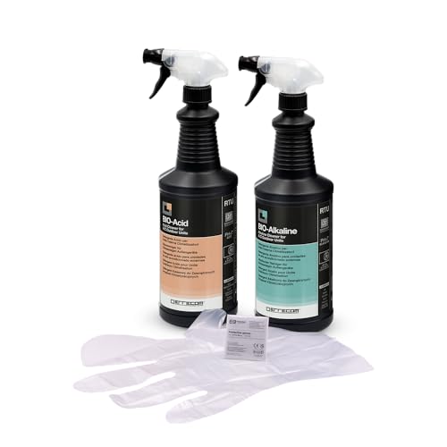 ERRECOM Kit limpieza de equipos de aire acondicionado exteriores con tensioactivos biodegradables, incluye detergente bioácido Bio Acid 1L, detergente bioalcalino Bio Alkaline 1L, guantes desechables