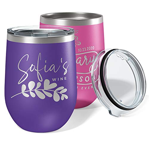 Mother's Day Gifts for Mom - Personalized Wine Tumbler w Lid, 12 Oz Purple - Personalized Gifts for Women, Stainless Steel Insulated Cups - Custom Wine Glass, Unique Wine Lover Gifts for Her