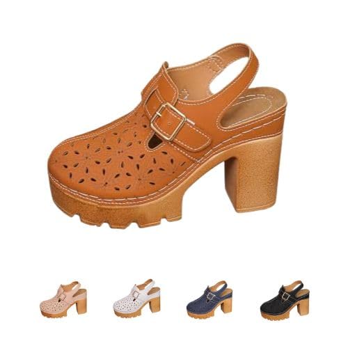 Women's Slingback Chunky Heels Sandals Office Fashion Round Closed Toe Buckled High Block Platform Sandals Wedding Party Adjustable Casual Slip On Strap Ankle Shoes Summer 2026 Brown 7