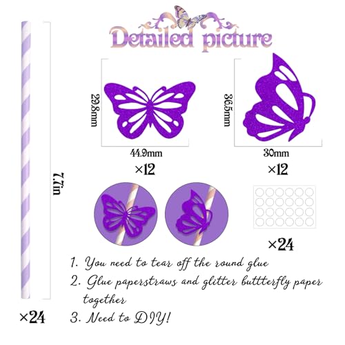 Pitillos decorativos de papel mariposa morado pack 24 miniatura 2