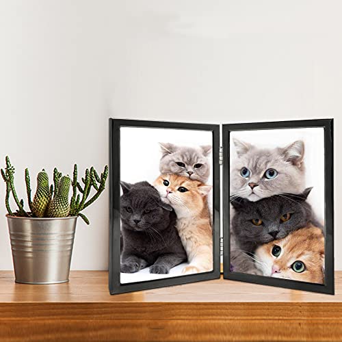3.5x5 Picture Frame Double Hinged Black Metal Thin Edge Frame with High Definition Glass Front Folding Frames Stand Vertically on Tabletop,Black