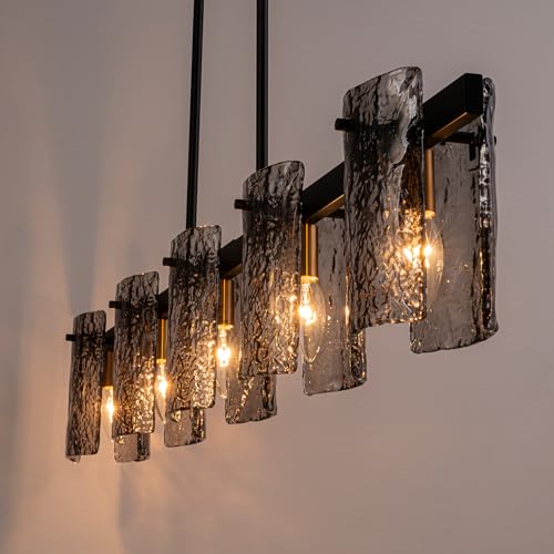 EDISLIVE 5-Light Glass Block Chandeliers Pendant Light Kitchen Island 47.24in E12 Linear Adjustable Hanging Lighting Fixture with Black Finish Grey Water Ripple Glass for Dinning Room Living Room by EDISLIVE - Image 7