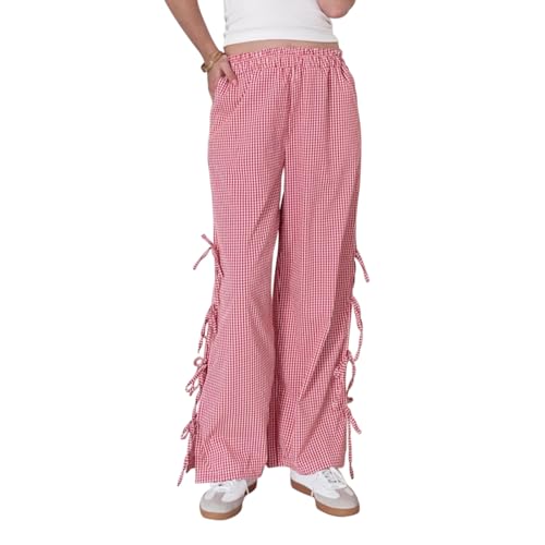 Image of Y2K Gingham Pants for Women Bow Tie Side Slit Wide Leg Lounge Bottom Plaid Checkered Loose Fit Going Out Pants