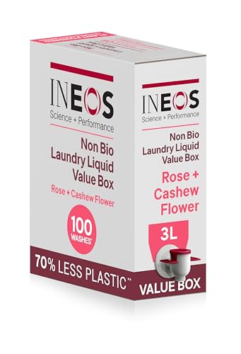 INEOS Next Gen Non Bio Laundry Washing Liquid Detergent Stain Removal for Clothes Plant Powered Eco value box Rose + Cashew Flower 3L Stress Relieving Fragrance Vegan Cruelty Free