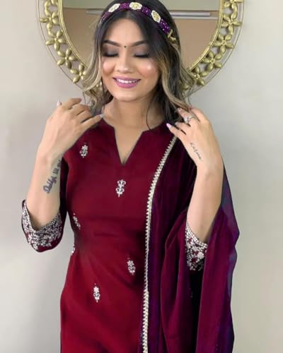 Image of Women Premium Collection Rayon Embroidered Straight Kurta Pant Dupatta Festive Ethnic Apparel Set