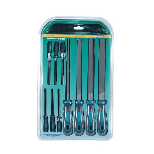 Presch Werkstattfeile Flachstumpf 200mm mit Kreuzhieb H2 - Dreiseitiger Hieb zum feilen rechtwinkliger Werkstücke aus Metall und Holz - Hochwertige Flachfeile 14 Brüder Mannesmann Feilensatz, 10-teilig | M61015