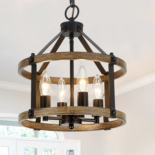 4-Light Farmhouse Chandelier, 13.5 Inch Rustic Black and Vintage Wood Finish Chandeliers for Dining Room Light Fixture, Adjustable Height Hanging Light for Kitchen, Entryway, Laundry Room