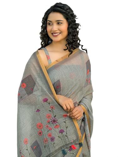 Image of SIRIL Women's Cotton Linen Printed Zari Border Saree with Unstitched Blouse Piece