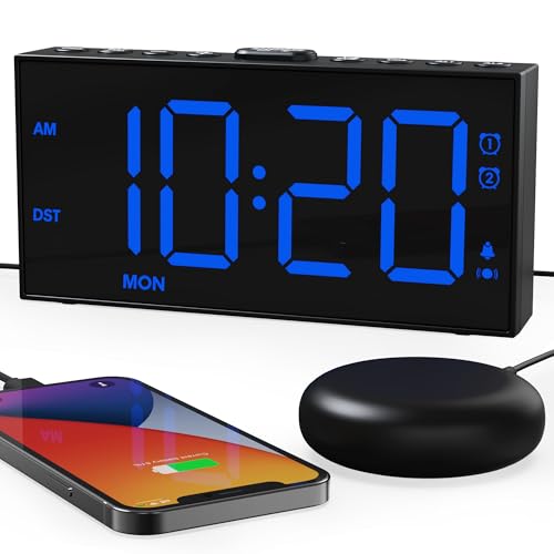 ROCAM Vibrating Alarm Clock for Heavy Sleepers, Loud Dual Alarm Clock with Bed Shaker Under Pillow for Hard of Hearing, Teens, Digital Clock for Bedroom with Weekday, Dimmer, USB Charging Port, Snooze