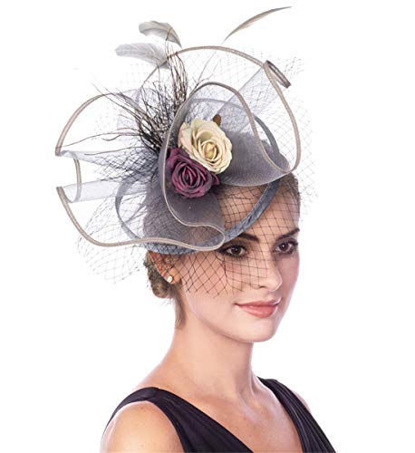 Fascinators Hat for Women Flower Cocktail Tea Party Derby Kentucky Wedding Headwear Top Hat, 2-grey, Medium - Thumbnail 3