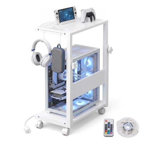 Computer Tower Stand with LED Light Strip,Mobile Rolling CPU Holder,Height Adjustable PC Tower Stand with Charging Station for Office Home