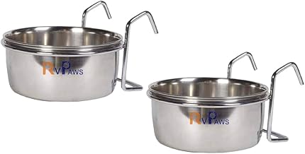 Pups&Pets Rustproof Stainless Steel Cage Food, Seed, Water Feeder Cum Bowl with Holder clamp for Birds, Bird Cage Water Bowl Food Bowl Holder-Stainless Steel Cup (250ml) (Pack of 2)