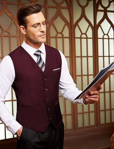 COOFANDY Męska kamizelka do garnituru, dekolt w serek, formalna, na wesele, klasyczna, slim fit, elegancka kamizelka biznesowa na imprezę, czerwony (Weinrot), 3XL