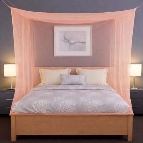 Image of Yuvraz Mosquito Net for Bed | Foldable & Breathable Bed Net with Strong Mesh | All-Round Protection from Mosquitoes, Flies & Insects Ideal for Double /Single Bed (Peach, 7 * 7 ft)