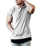 URRU Mens Sleeveless Hoodie Fitness Vest Bodybuilding Stringers Workout Tank Tops White XL