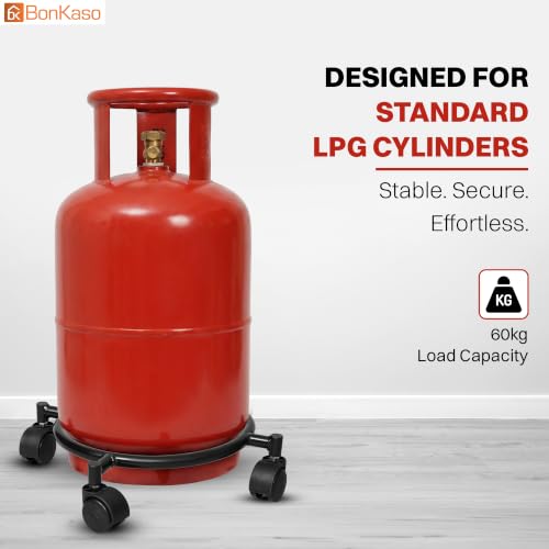 Image of Bonkaso Gas Cylinder Trolley with Handle, Heavy-Duty Alloy Steel Stand with 4 PP Twin-Wheel 360 Swivel Casters, 60 kg Load Capacity, Powder-Coated Black Finish