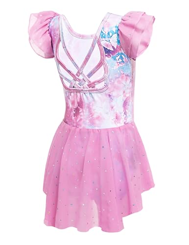 Image of Arshiner Girls Shiny Ruffle Sleeve Ballet Leotard with Skirt Criss-Cross Back Dance Dresses