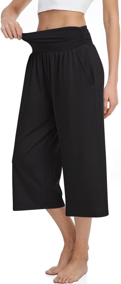 TARSE Womens Capris Lounge Yoga Pajama Cropped Pants Casual Wide Leg with Pockets Elastic Waist Workout Sweat Pants Summer - Image 4