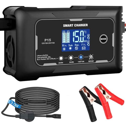 Image of HTRC 15A Car Battery Charger 12V /24V for AGM, Gel, EFB, LiFePO4 Batteries