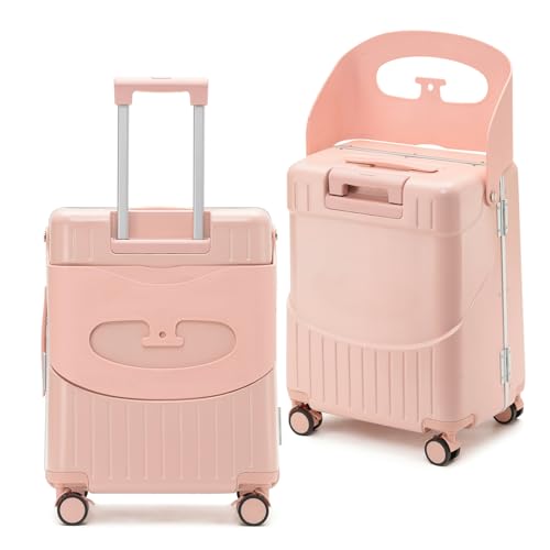 CyyKcc Luggage with Seat for Kids, 20 Inch Children Suitcase with Lockable 4- Spinner Wheels, 53x35x 28cm Pink Hardside Traveling case