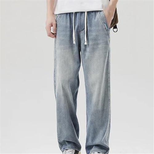 Men's Summer Thin Denim Jeans Loose Fit Straight Leg Elastic Waist Casual Long Pants Plus Size2