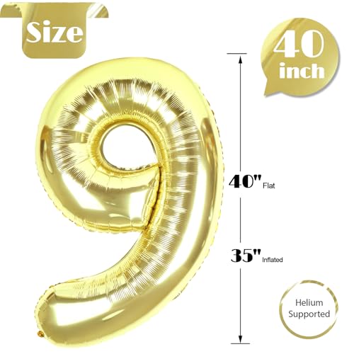 Image of Light Gold Number 9 Balloon 40 Inch, 9th Birthday Party Decorations, Giant 9 Foil Balloon for Party Supplies