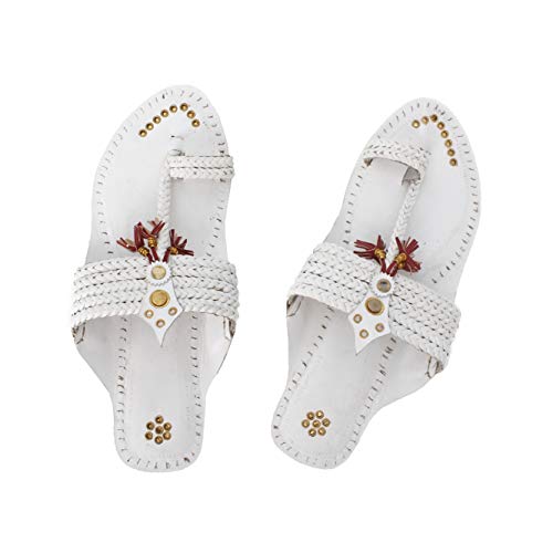 KORAKARI - Women White Kolhapuri Chappal with Brown Pom-Pom, Two Barided Toe Loop, Flat Heel, Golden Rivets (US 9)