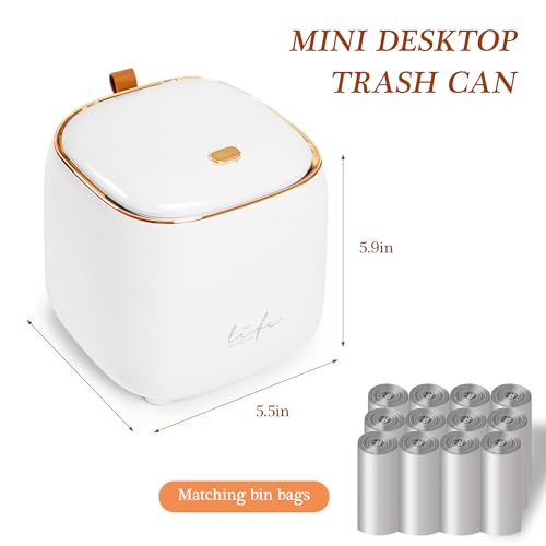 Image of Mini Countertop Trash Can with 10 Rolls of Trash Bags,Tiny Desk Trash Cans | with Press Type Lid, Desktop Trash Can Applicable for Bathroom Vanity Home Office