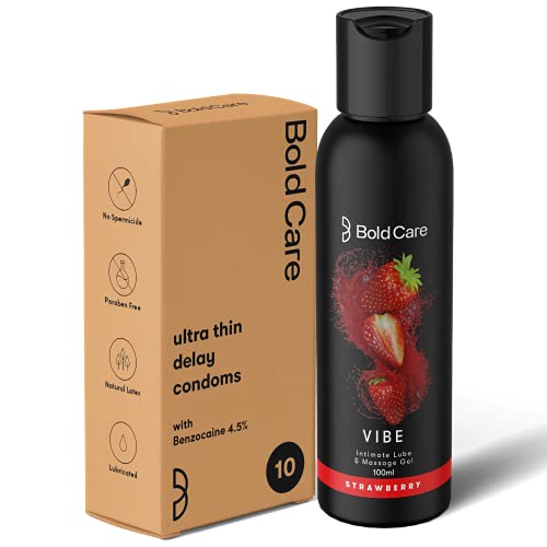 Image of Bold Care Ultra thin Delay Condoms + Vibe - Strawberry flavoured Premium Lubricant Gel - Water based formula - Gentle on the skin