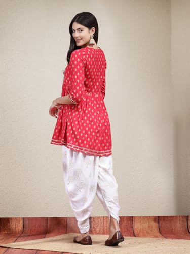 Image of Stylum Women's Printed & Embroidered Rayon A-Line Kurti With Dhoti Pant