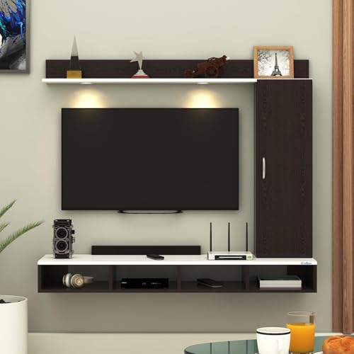 Image of Anikaa Dorex Engineered Wood Wall Mounted TV Unit with LED Lights, Storage Cabinet & Display Shelf for Living Room | Ideal for Upto 55 Inch TV- Wenge /White(DIY Installation)