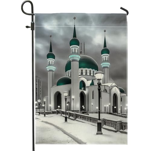 Bandiera da giardino della moschea del paese delle meraviglie d'inverno, architettura a cupola verde, decorazione della casa, bandiere da giardino, bandiera in juta double face per patio, decorazione