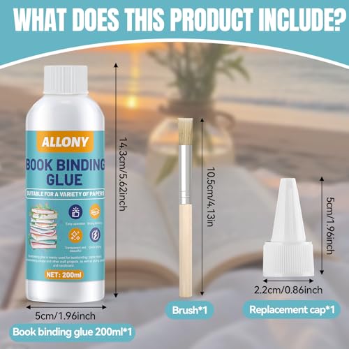 Allony Buchbinderleim, Papierkleber, Stark Und Wasserfest Buchleim mit Bürste für Buch Binden/Reparatur/Karton/Diy-Handwerk, 200ml