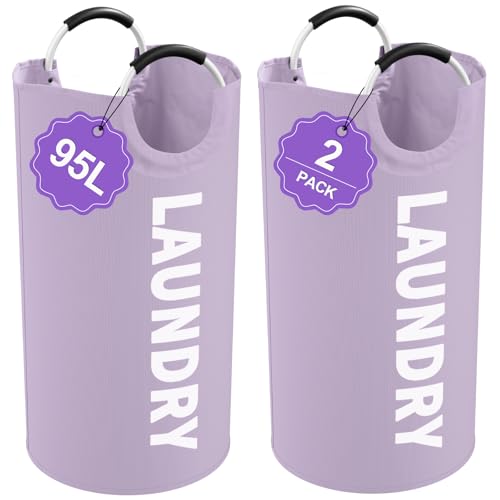Image of 2Pack 95L Purple Collapsible Laundry Basket for Students, Large Laundry Hamper with Handles, Portable Dirty Clothes Hamper, 600D Oxford Fabric Storgae Basket for Bathroom, Dorm