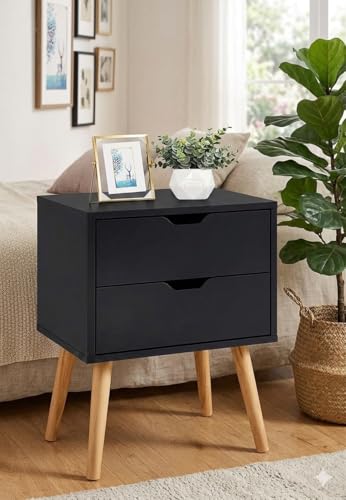 Image of Modern White Bedside Table with 2 Drawers & Wooden Legs | Compact Nightstand for Bedroom | Scandinavian Style Side Table with Storage for Home Living Room (Black, 2 Drawer)